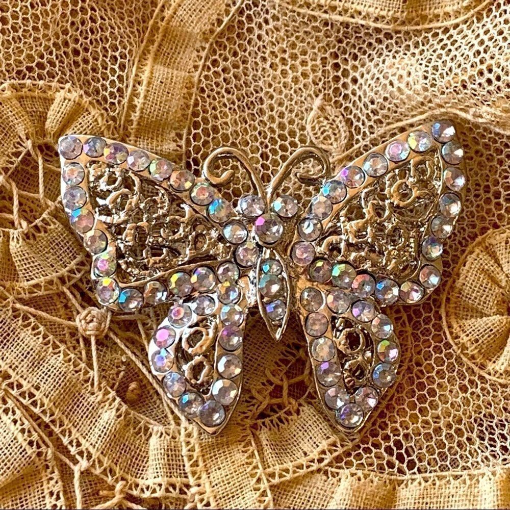 Vintage ab crystal filigree silver butterfly pin
